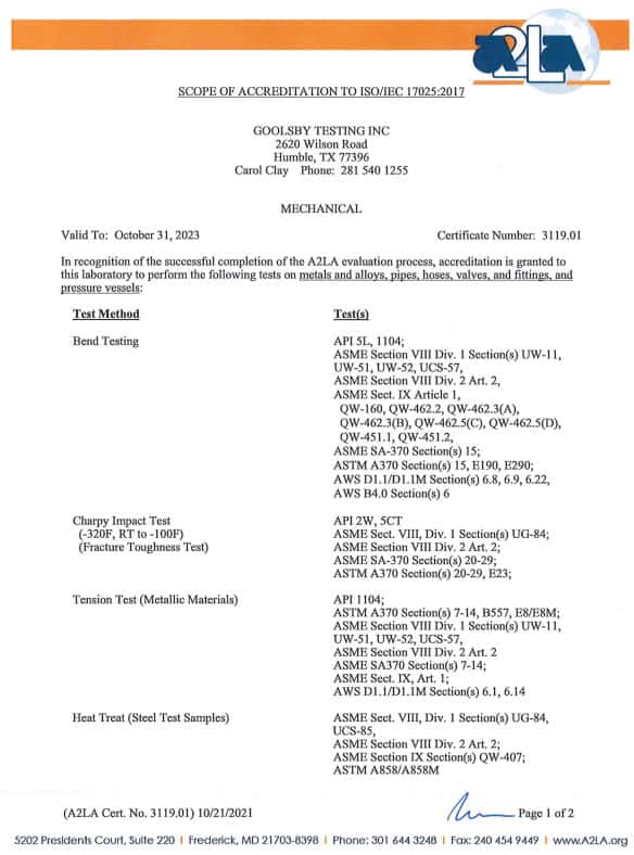 Certifications | Goolsby Testing